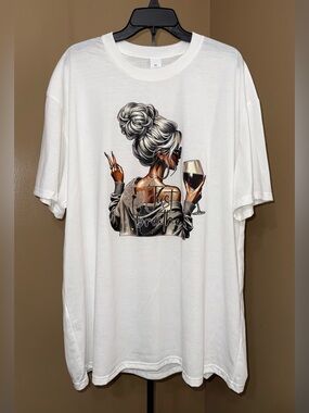 NEW White Graphic Tee "Just Breathe" - Woman with Wine. Size XXL.
